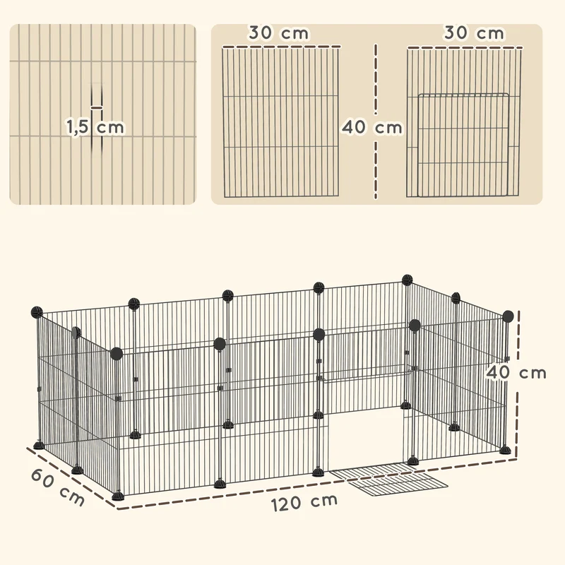 Enclos pour petits animaux modulable 12 panneaux 120 x 60 x 40 cm anti-évasion imperméable style épuré en acier noir 21_0008027
