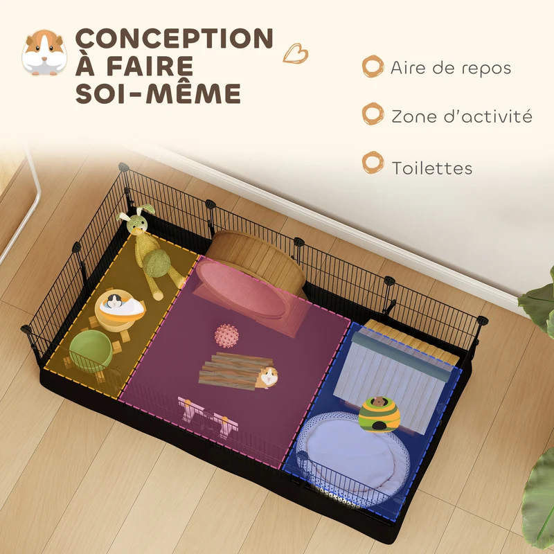 Enclos pour petits animaux modulable 12 panneaux 120 x 60 x 40 cm anti-évasion imperméable style épuré en acier noir 21_0008027
