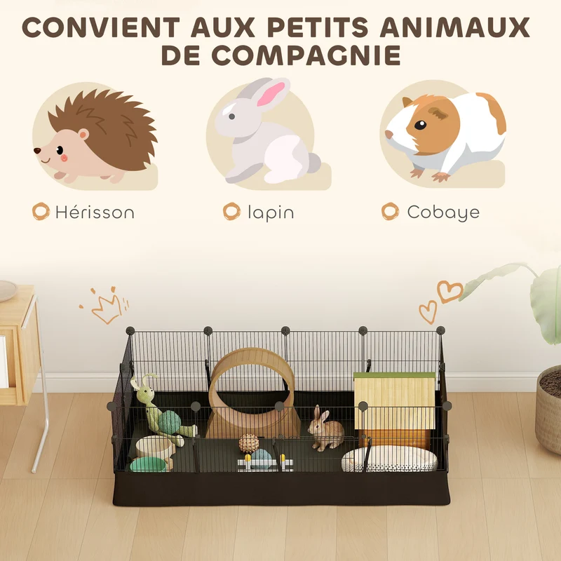 Enclos pour petits animaux modulable 12 panneaux 120 x 60 x 40 cm anti-évasion imperméable style épuré en acier noir 21_0008027