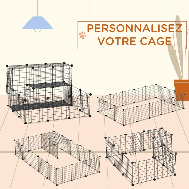 Enclos modulable pour petits animaux 105 x 105 x 70 cm sécurité maillage dense 2 niveaux design moderne en acier noir 21_0007932