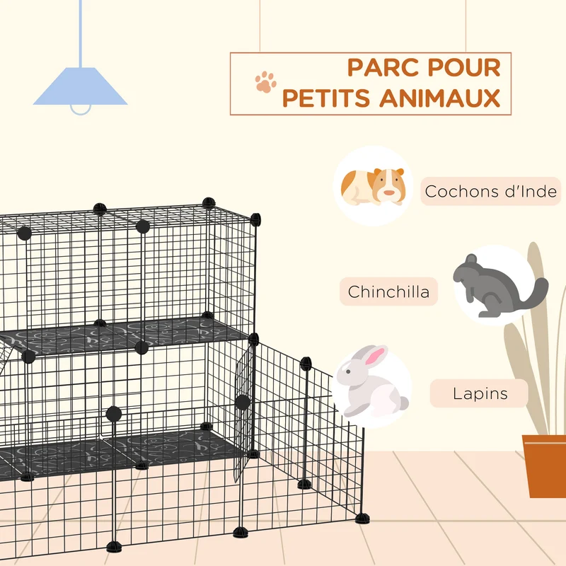 Enclos modulable pour petits animaux 105 x 105 x 70 cm sécurité maillage dense 2 niveaux design moderne en acier noir 21_0007932