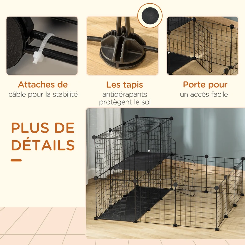 Enclos modulable pour petits animaux 105 x 105 x 70 cm sécurité maillage dense 2 niveaux design moderne en acier noir 21_0007932