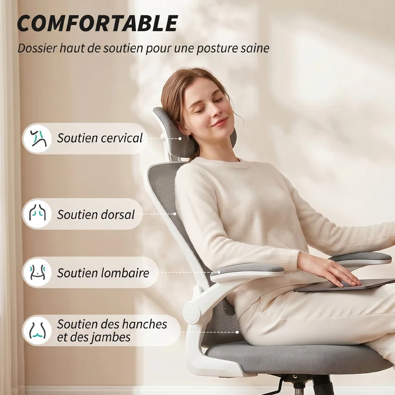 Chaise de bureau ergonomique 64 x 63 x 115-125 cm soutien lombaire réglable assise respirante moderne en polyester gris 21_0006283
