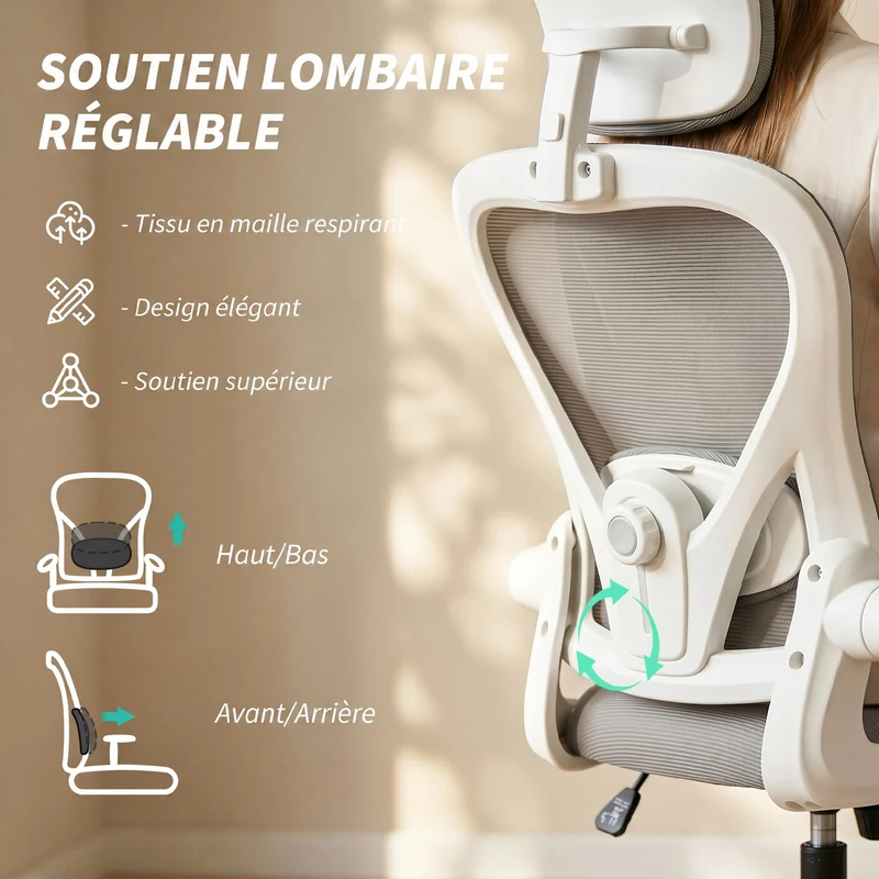 Chaise de bureau ergonomique 64 x 63 x 115-125 cm soutien lombaire réglable assise respirante moderne en polyester gris 21_0006283
