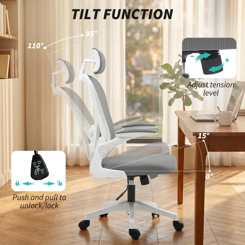 Chaise de bureau ergonomique 64 x 63 x 115-125 cm soutien lombaire réglable assise respirante moderne en polyester gris 21_0006283