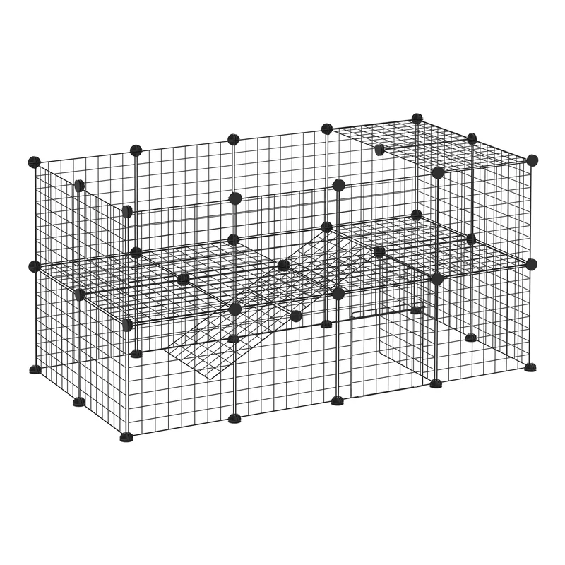 Cage parc modulable pour petits animaux 146 x 73 x 73 cm sécurisée 2 niveaux contemporain épuré salon en acier noir 21_0007397