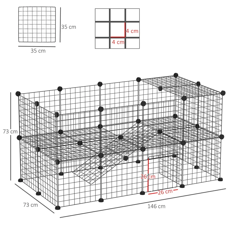 Cage parc modulable pour petits animaux 146 x 73 x 73 cm sécurisée 2 niveaux contemporain épuré salon en acier noir 21_0007397