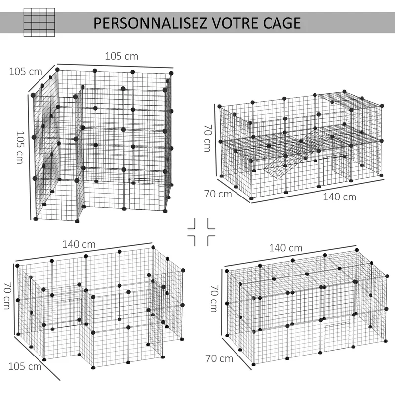 Cage parc modulable pour petits animaux 146 x 73 x 73 cm sécurisée 2 niveaux contemporain épuré salon en acier noir 21_0007397