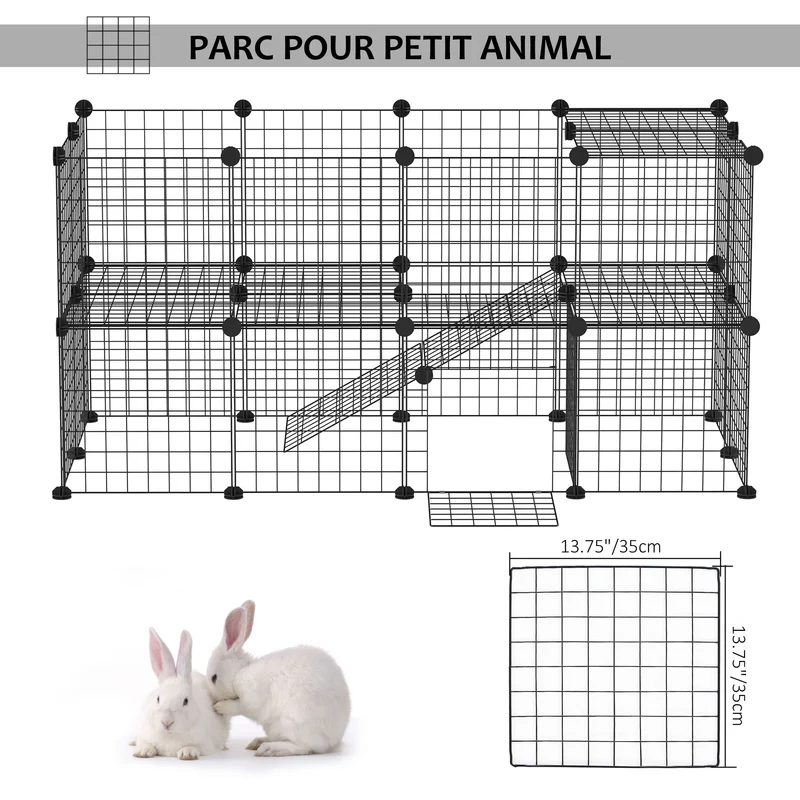 Cage parc modulable pour petits animaux 146 x 73 x 73 cm sécurisée 2 niveaux contemporain épuré salon en acier noir 21_0007397