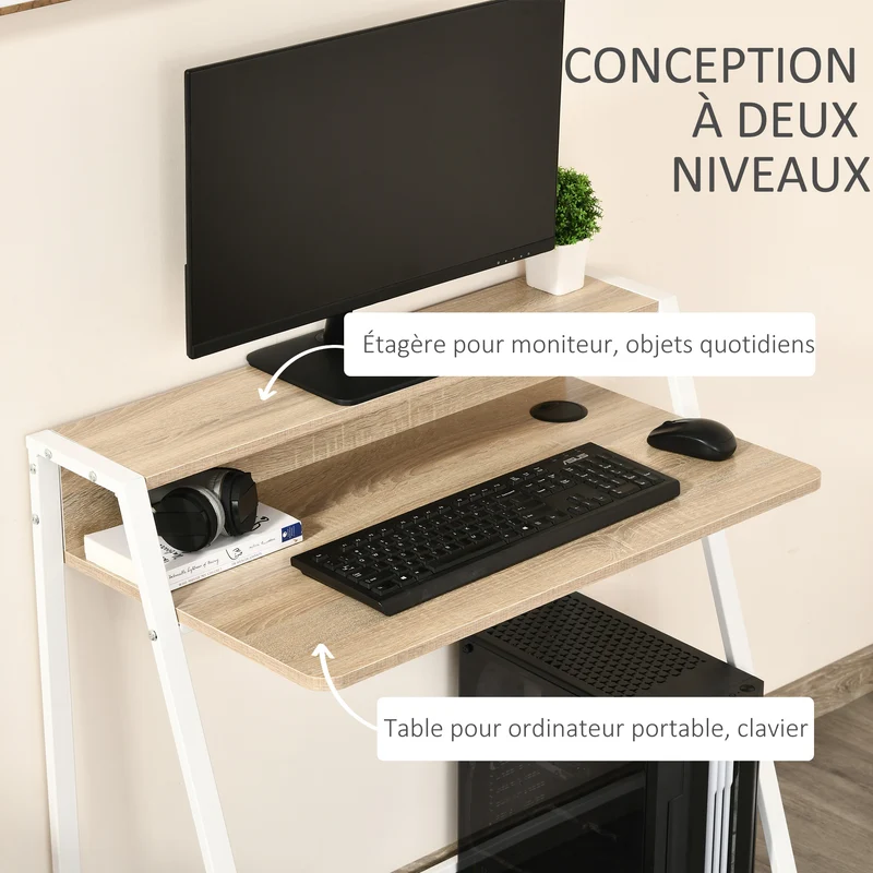 Bureau secrétaire 84 x 45 x 85 cm grand plan de travail étagère supérieure contemporain épuré salon en MDF chêne clair 21_0002392