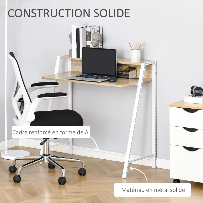 Bureau secrétaire 84 x 45 x 85 cm grand plan de travail étagère supérieure contemporain épuré salon en MDF chêne clair 21_0002392