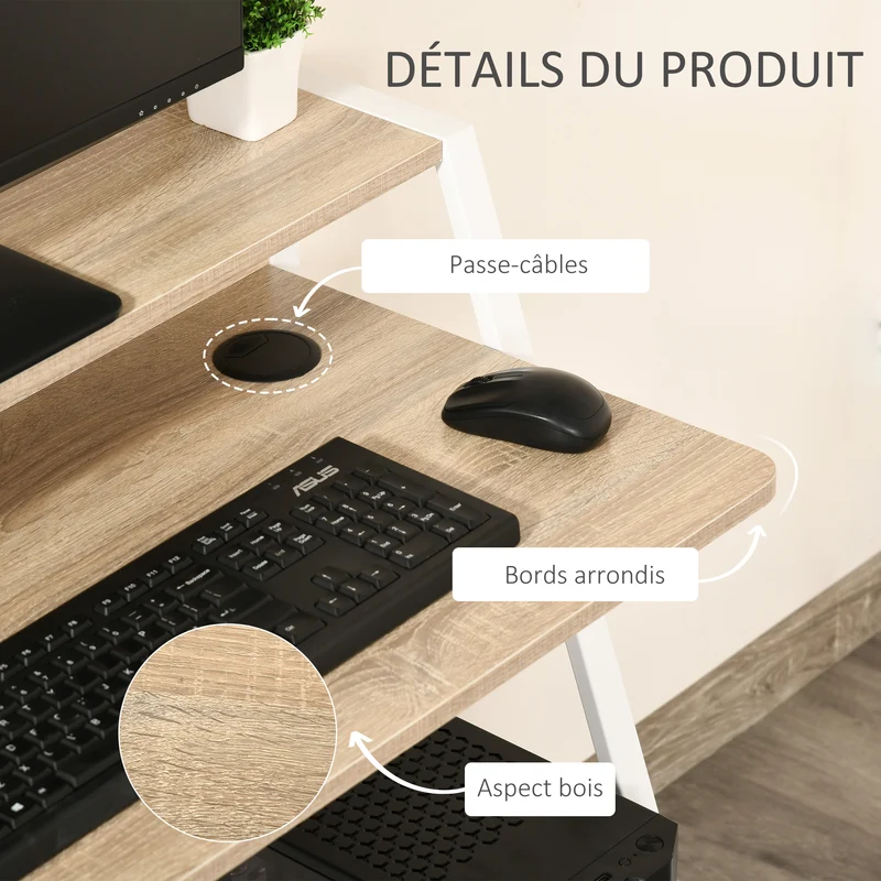 Bureau secrétaire 84 x 45 x 85 cm grand plan de travail étagère supérieure contemporain épuré salon en MDF chêne clair 21_0002392
