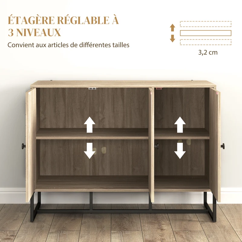 Buffet salon 108 x 40 x 80 cm étagères réglables motif chevron portes magnétiques style moderne en MDF bois naturel 21_0003431