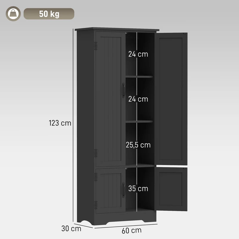 Buffet de cuisine multi rangements 60 x 30 x 123 cm poignées pratiques sécurité anti basculement contemporain en MDF noir 21_0002614