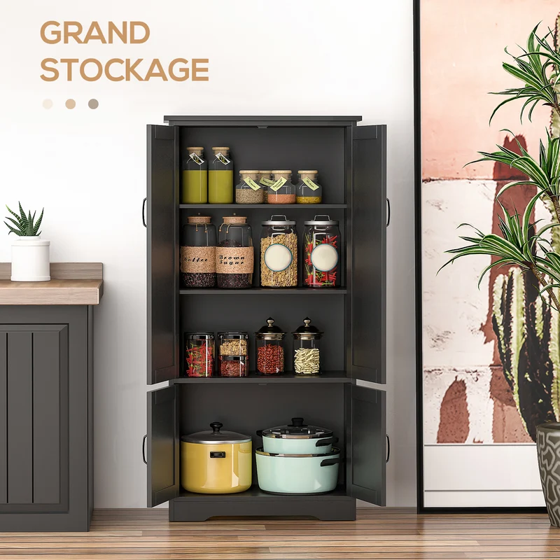 Buffet de cuisine multi rangements 60 x 30 x 123 cm poignées pratiques sécurité anti basculement contemporain en MDF noir 21_0002614