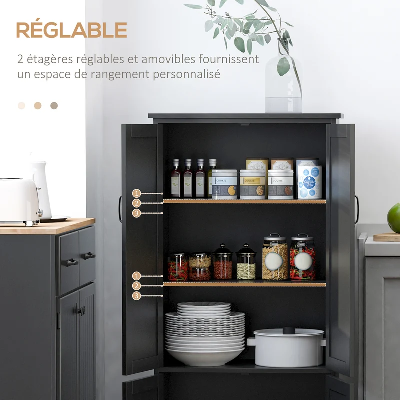 Buffet de cuisine multi rangements 60 x 30 x 123 cm poignées pratiques sécurité anti basculement contemporain en MDF noir 21_0002614
