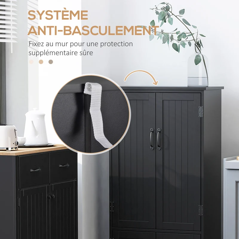 Buffet de cuisine multi rangements 60 x 30 x 123 cm poignées pratiques sécurité anti basculement contemporain en MDF noir 21_0002614