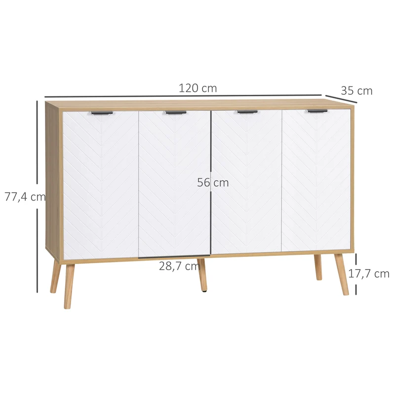 Buffet bas salon deux placards 4 portes 120 x 35 x 77.4 cm étagère réglable scandinave en panneau de particules blanc 21_0002248