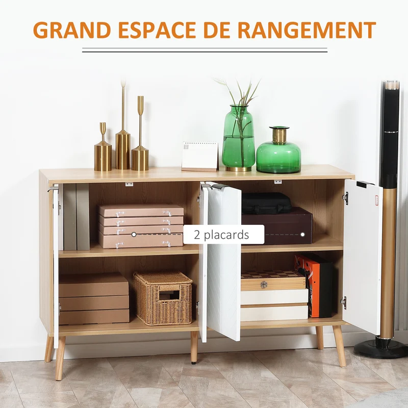 Buffet bas salon deux placards 4 portes 120 x 35 x 77.4 cm étagère réglable scandinave en panneau de particules blanc 21_0002248