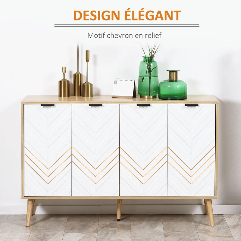 Buffet bas salon deux placards 4 portes 120 x 35 x 77.4 cm étagère réglable scandinave en panneau de particules blanc 21_0002248