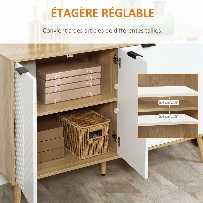 Buffet bas salon deux placards 4 portes 120 x 35 x 77.4 cm étagère réglable scandinave en panneau de particules blanc 21_0002248