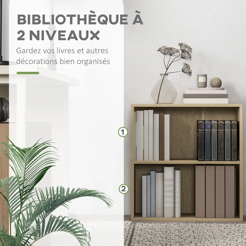 Bibliothèque étagère de rangement 60 x 24 x 63 cm réglable résistante moderne en panneau de particules bois naturel 21_0002498