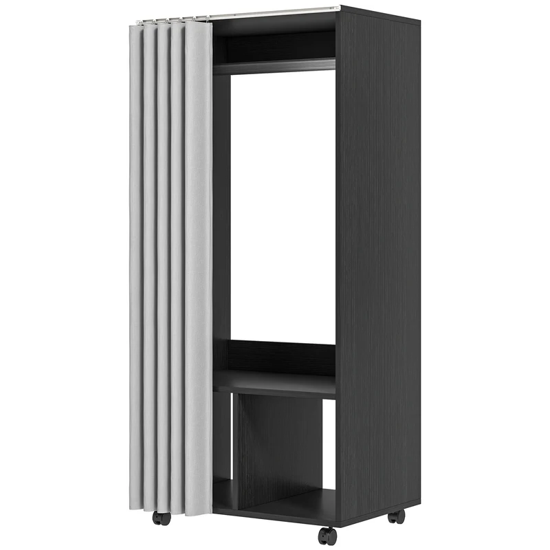 Armoire penderie 60 x 40 x 128 cm rideau anti-poussière et rangement chaussures moderne en panneau de particules noir 21_0001648