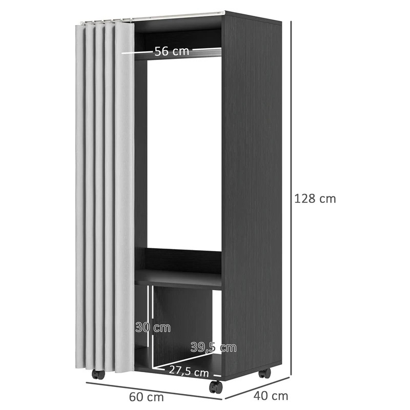 Armoire penderie 60 x 40 x 128 cm rideau anti-poussière et rangement chaussures moderne en panneau de particules noir 21_0001648