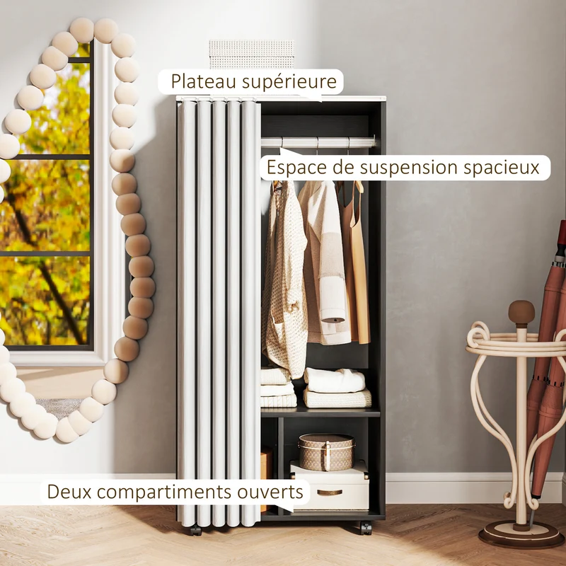 Armoire penderie 60 x 40 x 128 cm rideau anti-poussière et rangement chaussures moderne en panneau de particules noir 21_0001648