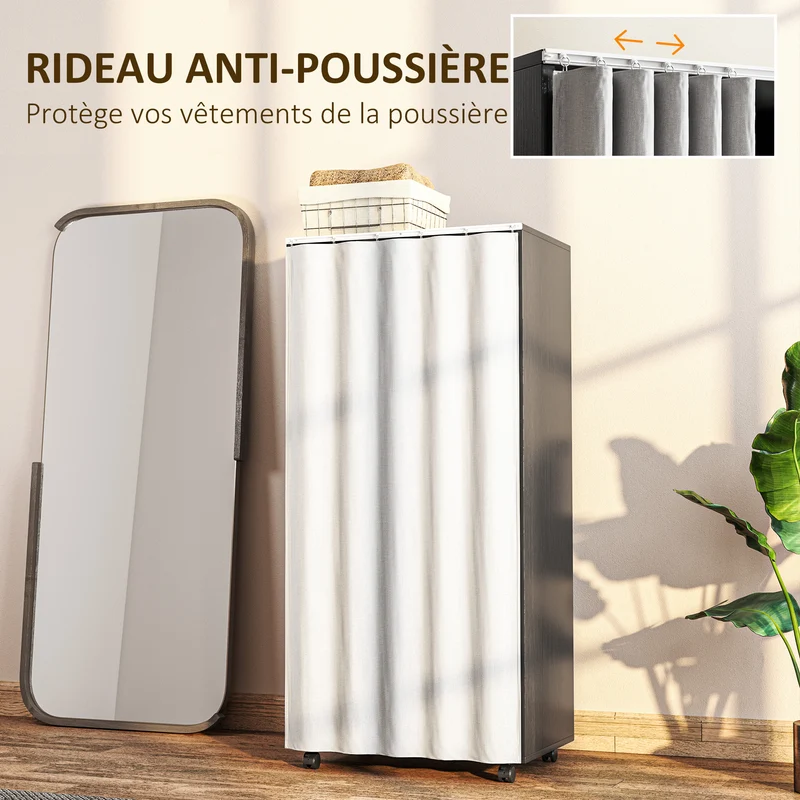 Armoire penderie 60 x 40 x 128 cm rideau anti-poussière et rangement chaussures moderne en panneau de particules noir 21_0001648