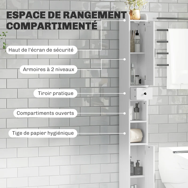 Armoire colonne salle de bain 20 x 20 x 185 cm tiroir étagères réglables moderne épuré en panneau de particules blanc 21_0002052
