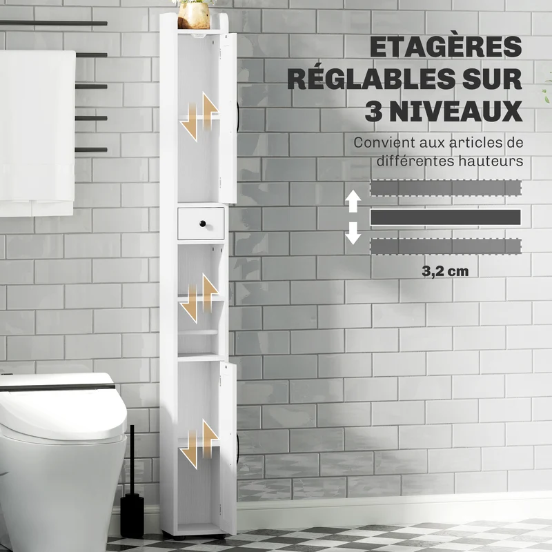 Armoire colonne salle de bain 20 x 20 x 185 cm tiroir étagères réglables moderne épuré en panneau de particules blanc 21_0002052