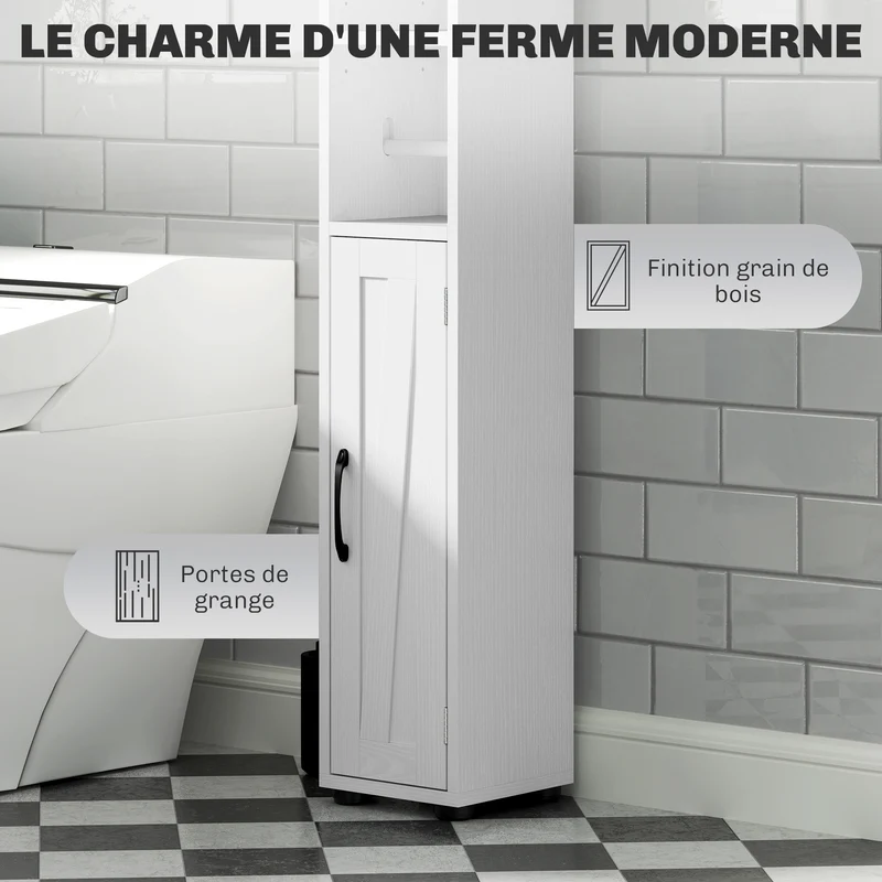 Armoire colonne salle de bain 20 x 20 x 185 cm tiroir étagères réglables moderne épuré en panneau de particules blanc 21_0002052