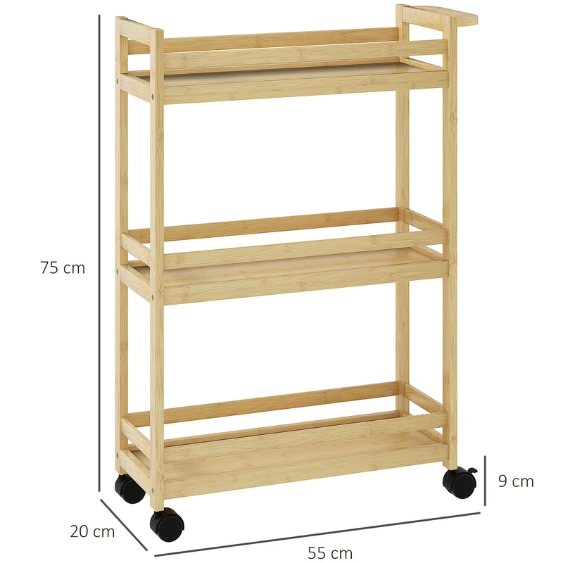 Étagère de rangement avec roulettes salle de bain 55 x 20 x 75 cm gain de place avec freins scandinave en bambou naturel 21_0002050