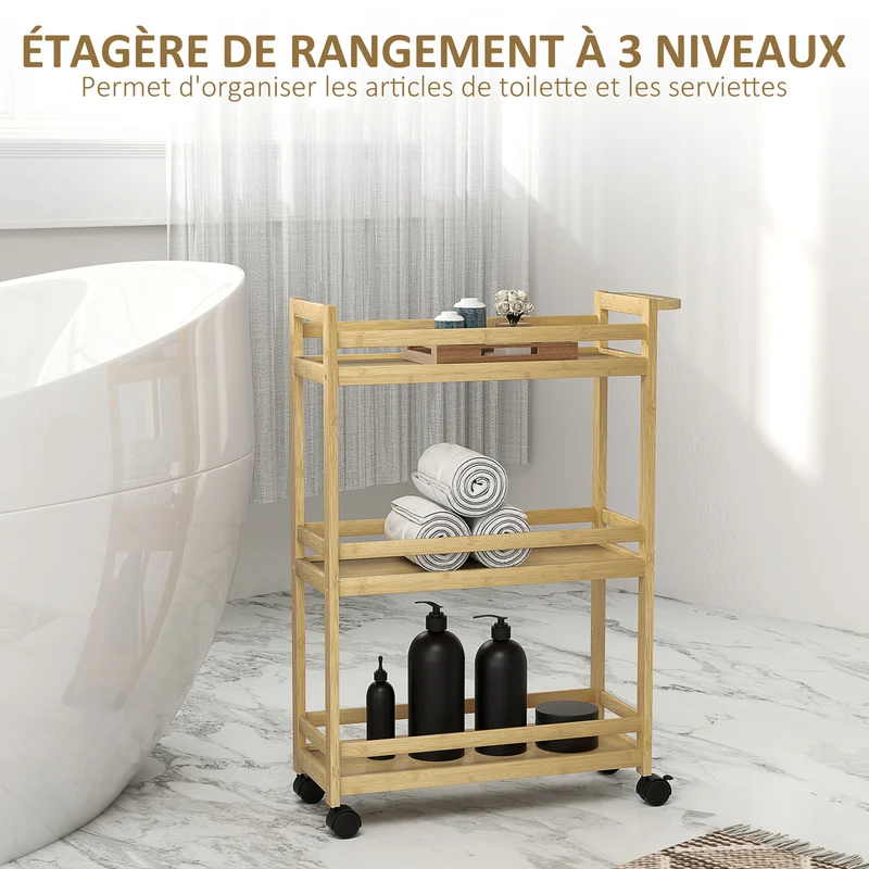 Étagère de rangement avec roulettes salle de bain 55 x 20 x 75 cm gain de place avec freins scandinave en bambou naturel 21_0002050