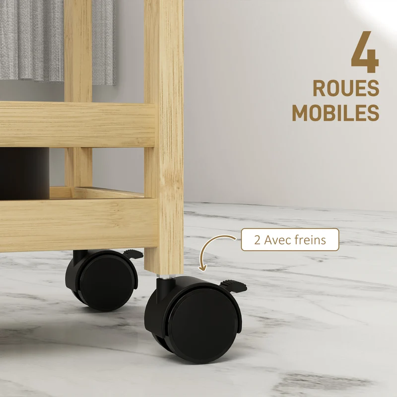 Étagère de rangement avec roulettes salle de bain 55 x 20 x 75 cm gain de place avec freins scandinave en bambou naturel 21_0002050
