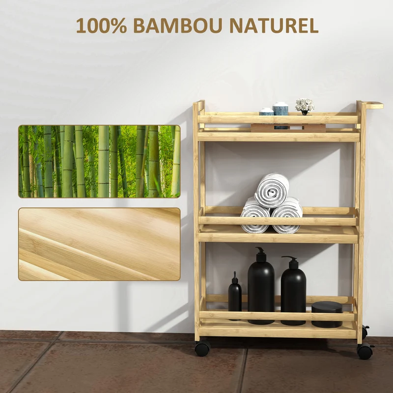 Étagère de rangement avec roulettes salle de bain 55 x 20 x 75 cm gain de place avec freins scandinave en bambou naturel 21_0002050