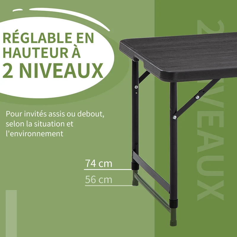 Table de jardin pliable 118 x 60 x 74 cm hauteur réglable 56 et 74 cm compacte moderne contemporain en hdpe gris foncé 21_0005139