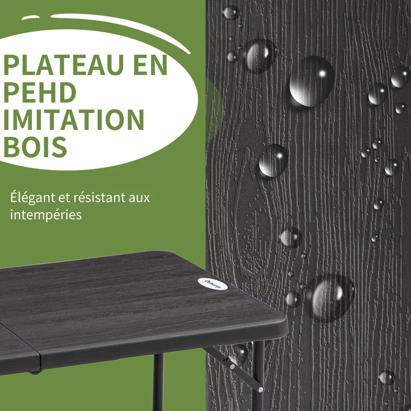 Table de jardin pliable 118 x 60 x 74 cm hauteur réglable 56 et 74 cm compacte moderne contemporain en hdpe gris foncé 21_0005139