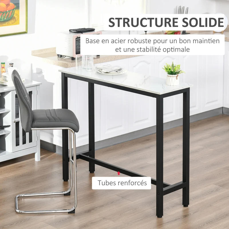 Table de bar haute polyvalente 120 x 40 x 100 cm repose-pied intégré montage facile contemporain épuré en acier noir 21_0002239
