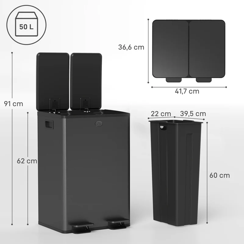 Poubelle de cuisine double compartiment 46 x 36 x 68 cm seaux amovibles fermeture douce design en acier inoxydable noir 21_0005906
