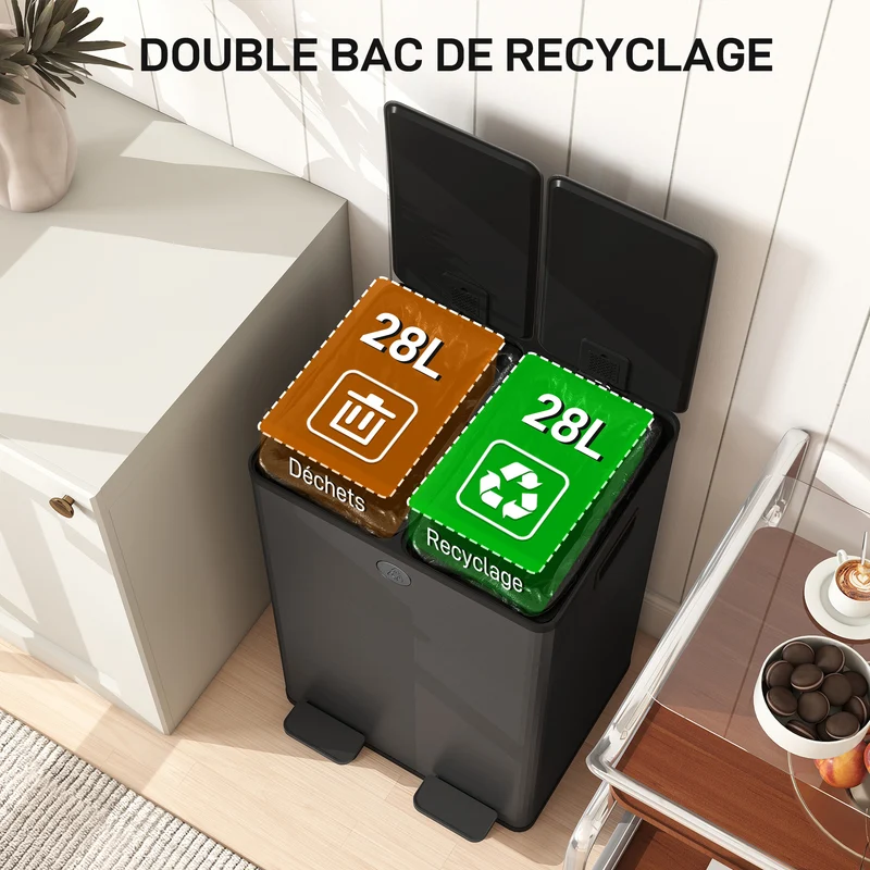 Poubelle de cuisine double compartiment 46 x 36 x 68 cm seaux amovibles fermeture douce design en acier inoxydable noir 21_0005906