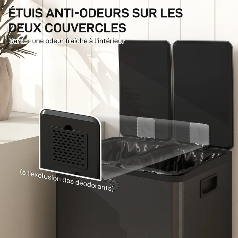 Poubelle de cuisine double compartiment 46 x 36 x 68 cm seaux amovibles fermeture douce design en acier inoxydable noir 21_0005906