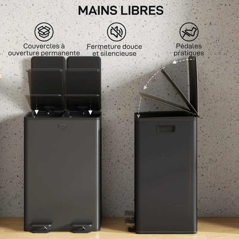 Poubelle de cuisine double compartiment 46 x 36 x 68 cm seaux amovibles fermeture douce design en acier inoxydable noir 21_0005906