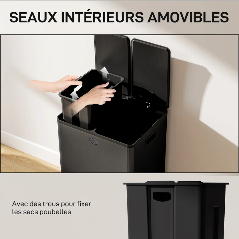 Poubelle de cuisine double compartiment 46 x 36 x 68 cm seaux amovibles fermeture douce design en acier inoxydable noir 21_0005906