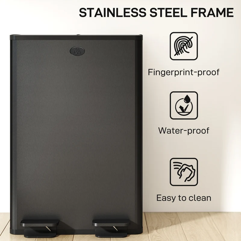 Poubelle de cuisine double compartiment 46 x 36 x 68 cm seaux amovibles fermeture douce design en acier inoxydable noir 21_0005906