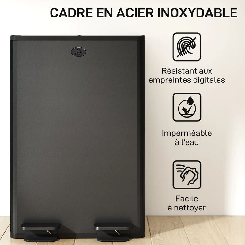 Poubelle de cuisine double compartiment 46 x 36 x 68 cm seaux amovibles fermeture douce design en acier inoxydable noir 21_0005906