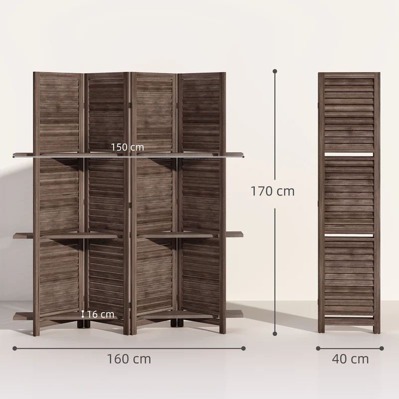 Paravent intérieur séparateur de pièce salon 160 x 2 x 170 cm pliable avec 3 étagères rustique en bois de paulownia noyer 21_0001227