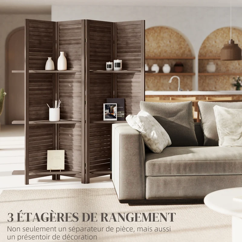 Paravent intérieur séparateur de pièce salon 160 x 2 x 170 cm pliable avec 3 étagères rustique en bois de paulownia noyer 21_0001227