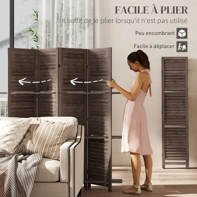 Paravent intérieur séparateur de pièce salon 160 x 2 x 170 cm pliable avec 3 étagères rustique en bois de paulownia noyer 21_0001227